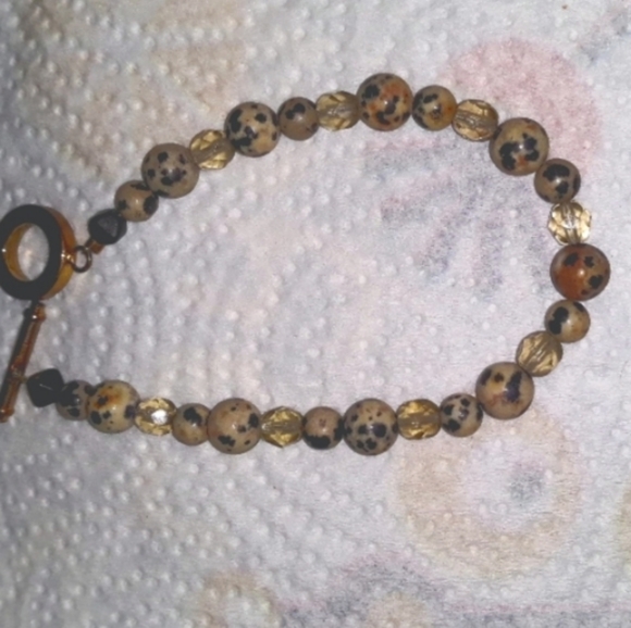 Hand Crafted Jewelry - Bracelet Semi precious  Dalmation Jasper Beads Amber crystal beads Tclasp NEW